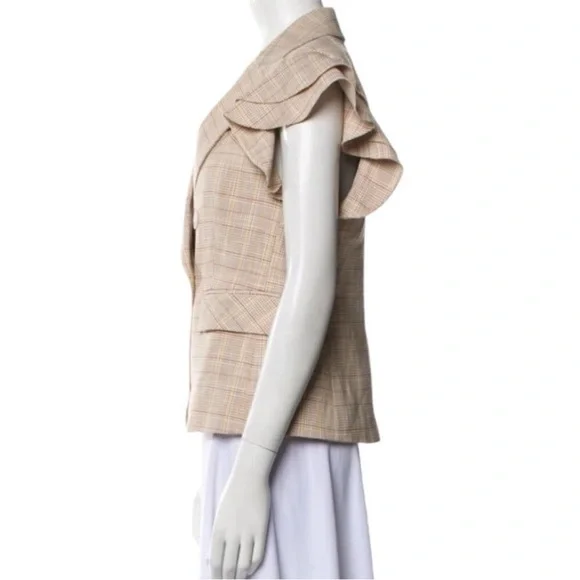 $595 Veronica Beard Janae Plaid Ruffle Blazer Jacket Button Up Khaki Multi Sz 00 - Picture 13 of 14